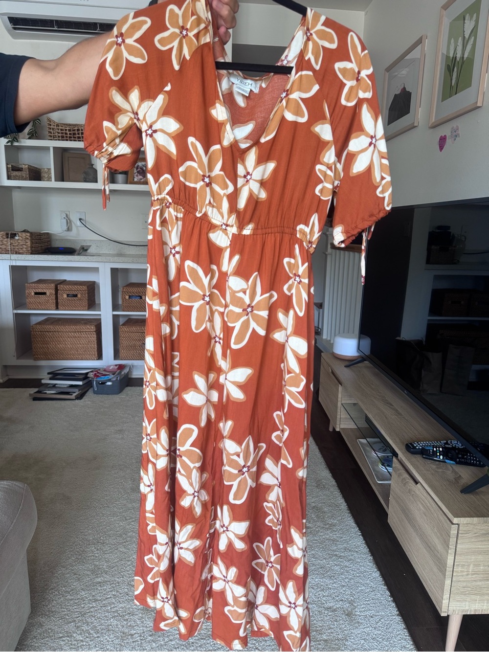 Rust Floral Maxi Dress with V-Neck and Tie Sleeves